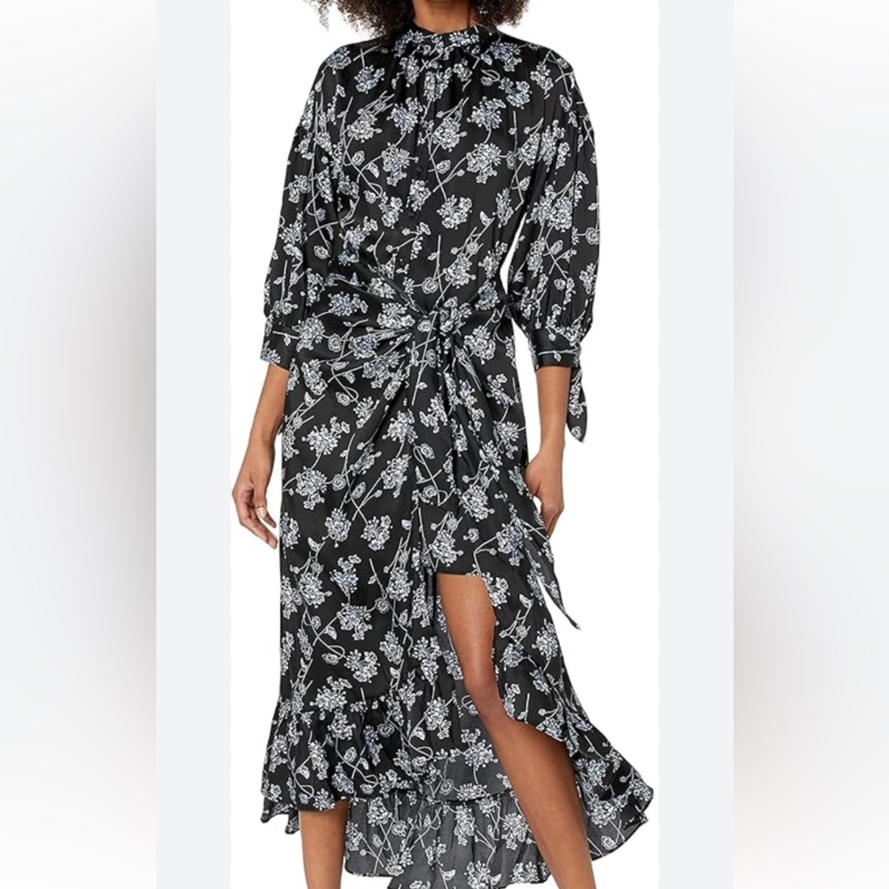 cinq a sept Black and White Floral Wrap High-Low Dress